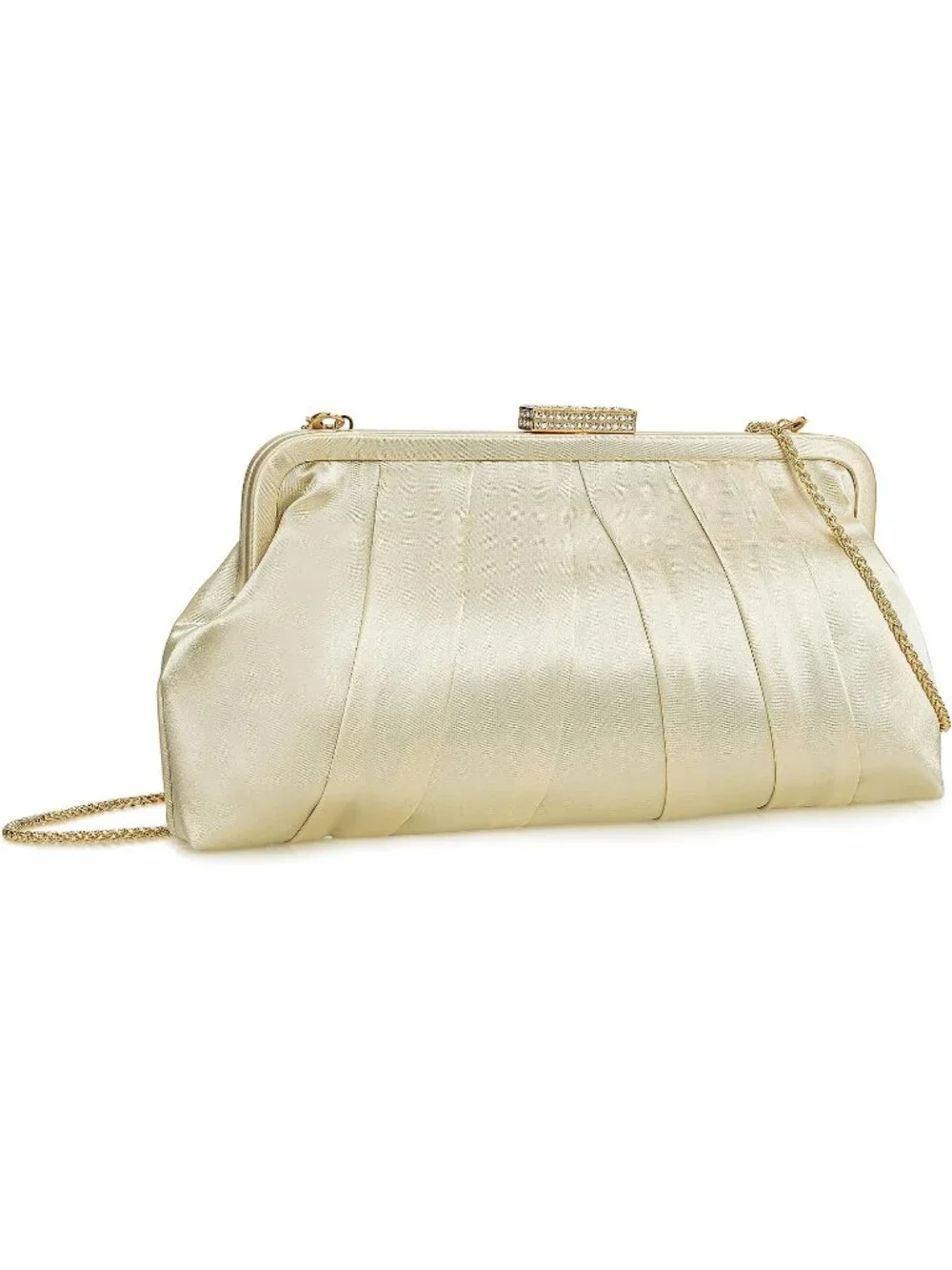 Womens Light Gold Classic Pleated Satin Clutch Purse Diamante Formal Evening Bag